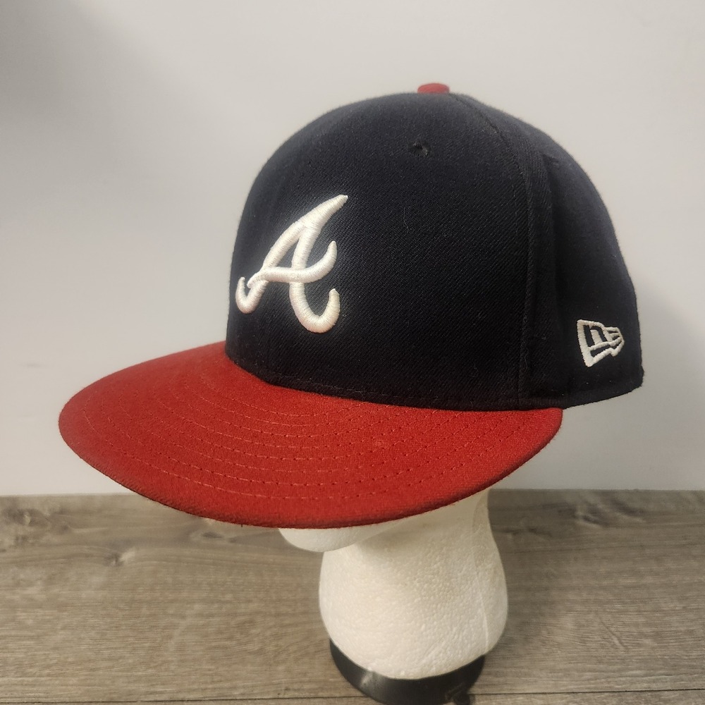 New Era 59FIFTY Atlanta Braves Fitted Hat Navy Red Size 7 3/8 MLB On Field Cap